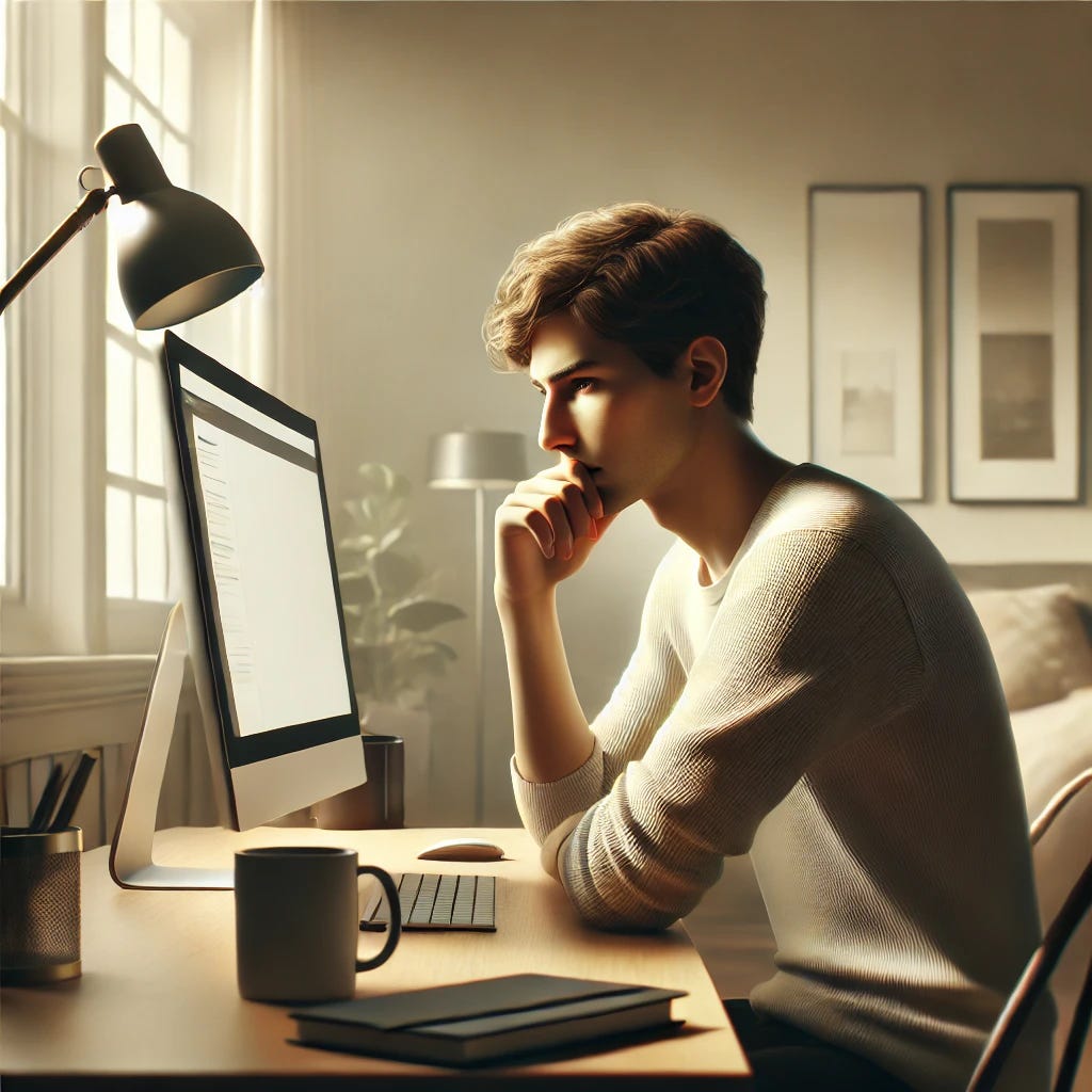 A realistic illustration of a thoughtful person sitting at a desk in front of a computer. The person, with a pensive expression, rests their chin on their hand as they stare at the screen. The setting is a home office with soft lighting, featuring a coffee mug, notebook, and a plant on the desk. The atmosphere is calm and reflective, with neutral colors dominating the scene. A realistic illustration of a thoughtful person sitting at a desk in front of a computer. The person, with a pensive expression, rests their chin on their hand as they stare at the screen. The setting is a home office with soft lighting, featuring a coffee mug, notebook, and a plant on the desk. The atmosphere is calm and reflective, with neutral colors dominating the scene.
