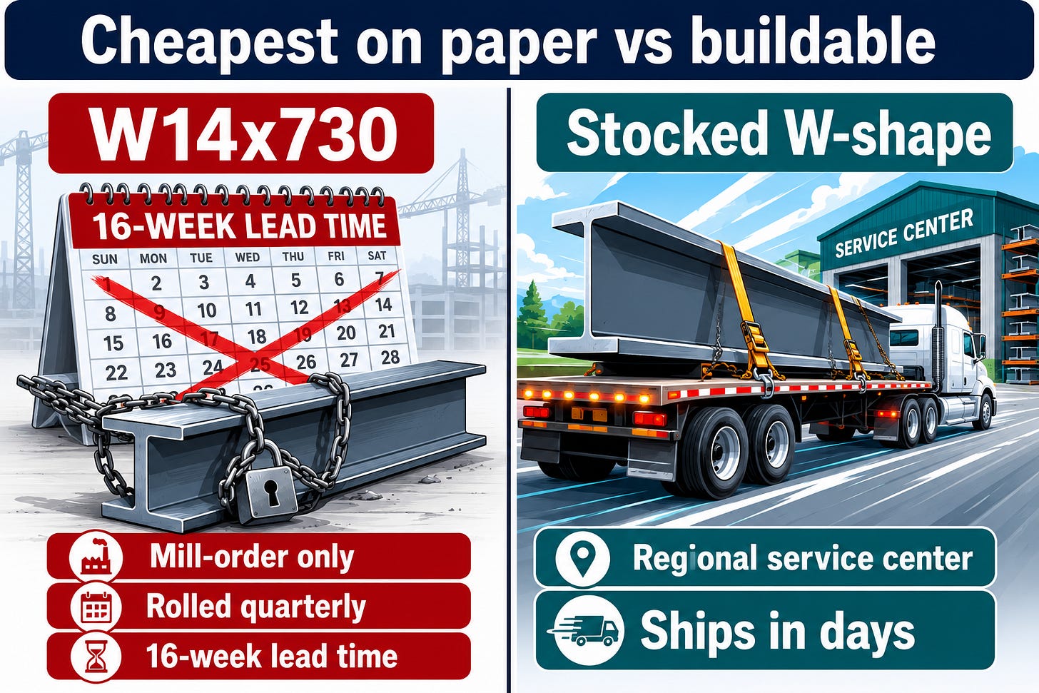 Comparison: mill-order W14x730 with 16-week lead time vs a stocked W-shape that ships in days