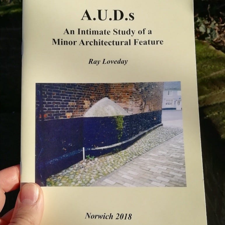 Front cover of a pamphlet: A.U.D.s An Intimate Study of a Minor Architectural Feature, Ray Loveday, Norwich 2018