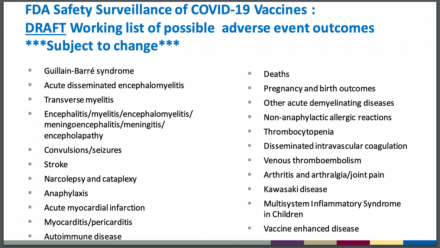 FDA October 2020 draft working list of possible adverse event outcomes for COVID-19 vaccine safety surveillance
