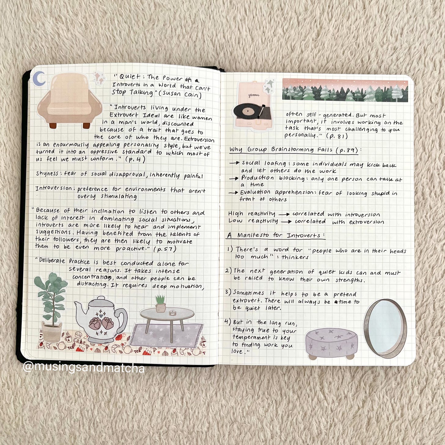 Notebook pages with text and stickers of home decor.