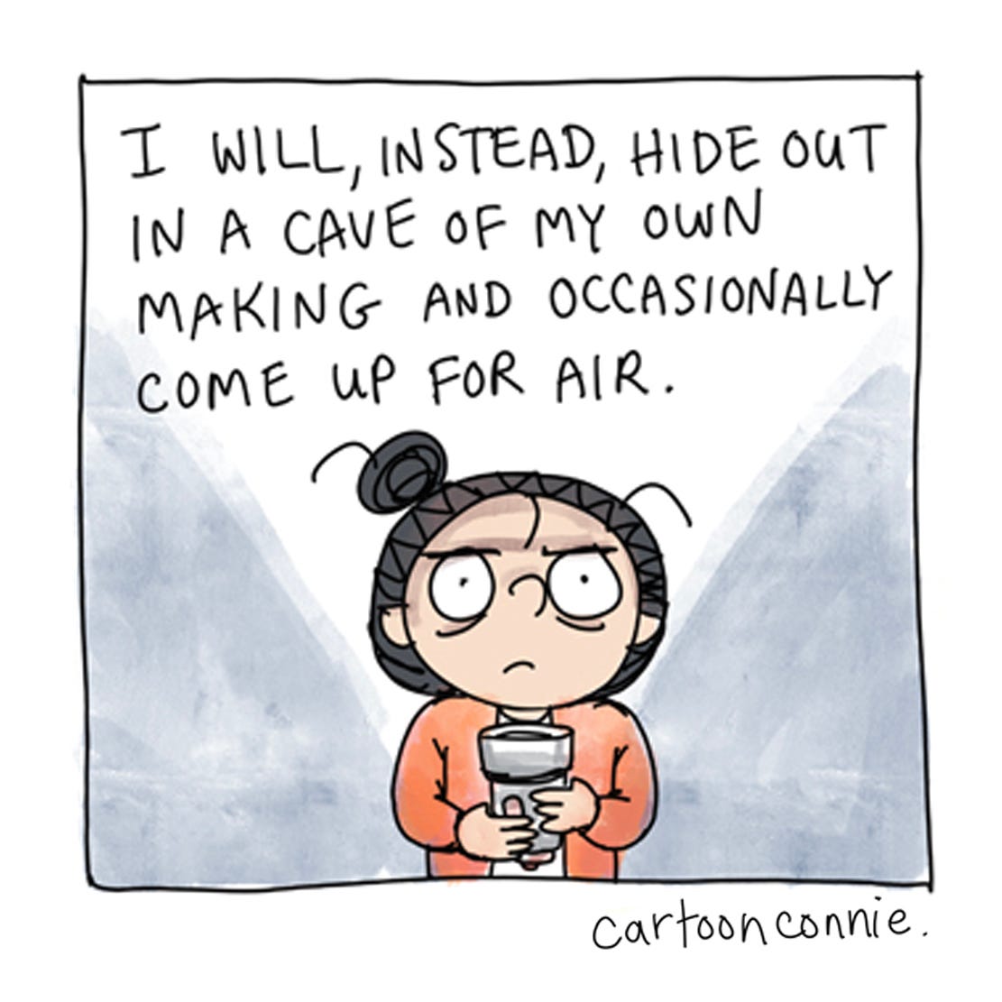 Panel 5 of a 6-panel comic strip about a cartoon girl with a bun, vowing to not use social media for getting news, for companionship, or as a measure of self-worth. Excerpt from "A Social Media Vow," original artwork by Connie Sun, cartoonconnie, 2025.