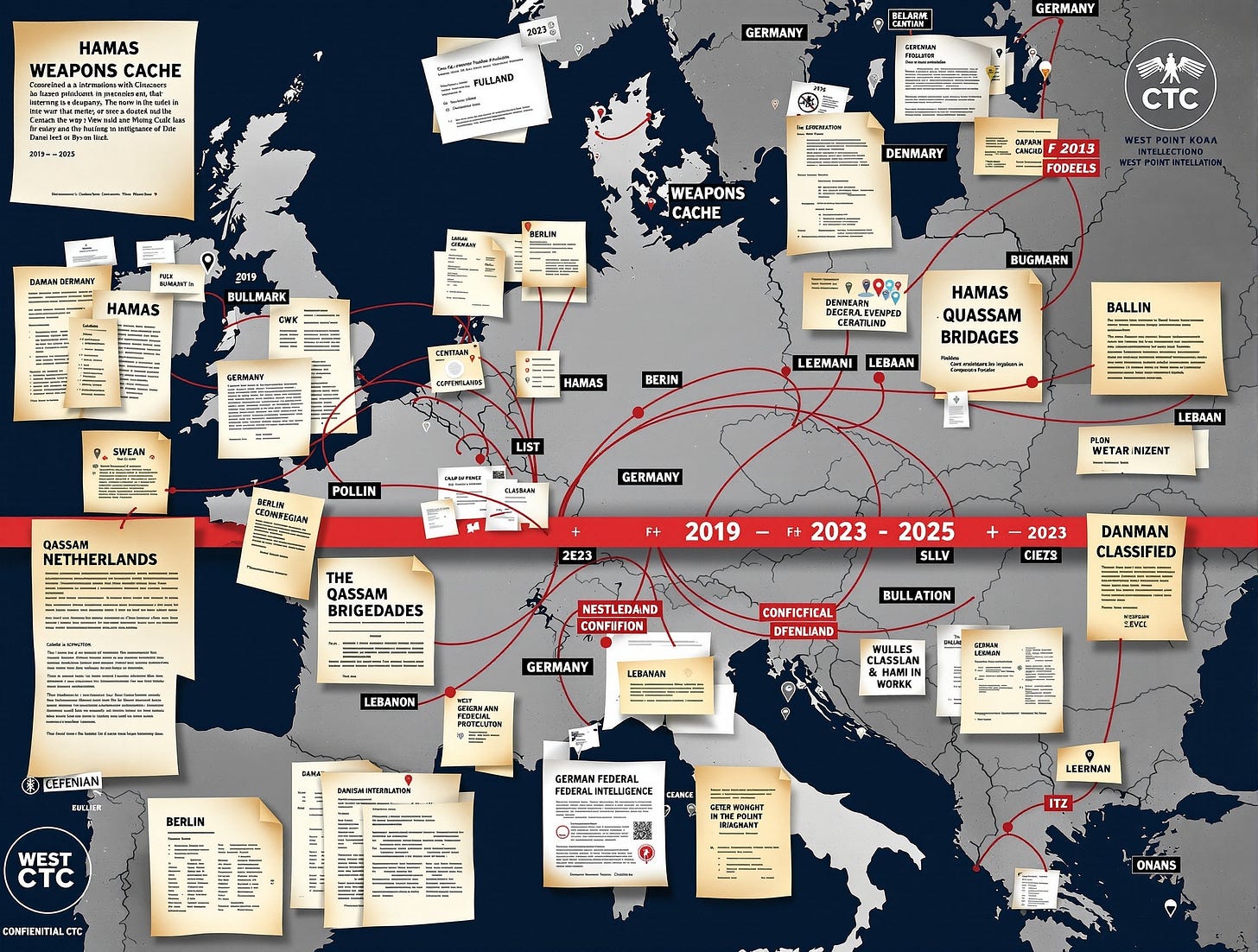 Intelligence briefing evidence board showing Hamas operations in Europe