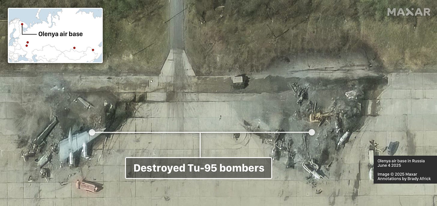 Belaya air base in Russia, June 4 2025. Image © 2025 Maxar. Annotations by Brady Africk
