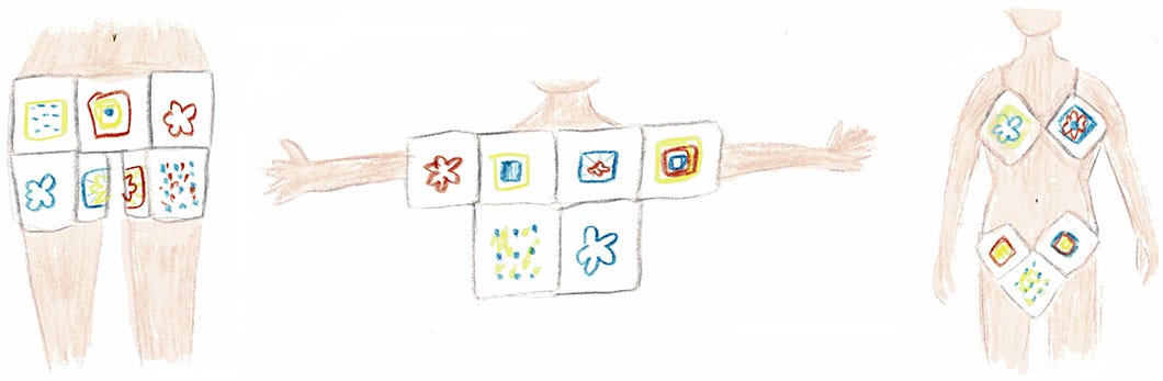 a trio of drawings: crochet shorts, crochet top, crochet bikini a trio of drawings: crochet shorts, crochet top, crochet bikini