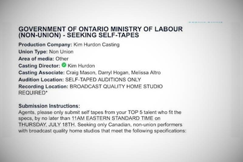 A casting call notice posted by the Ministry of Labour looking for non-union performers.