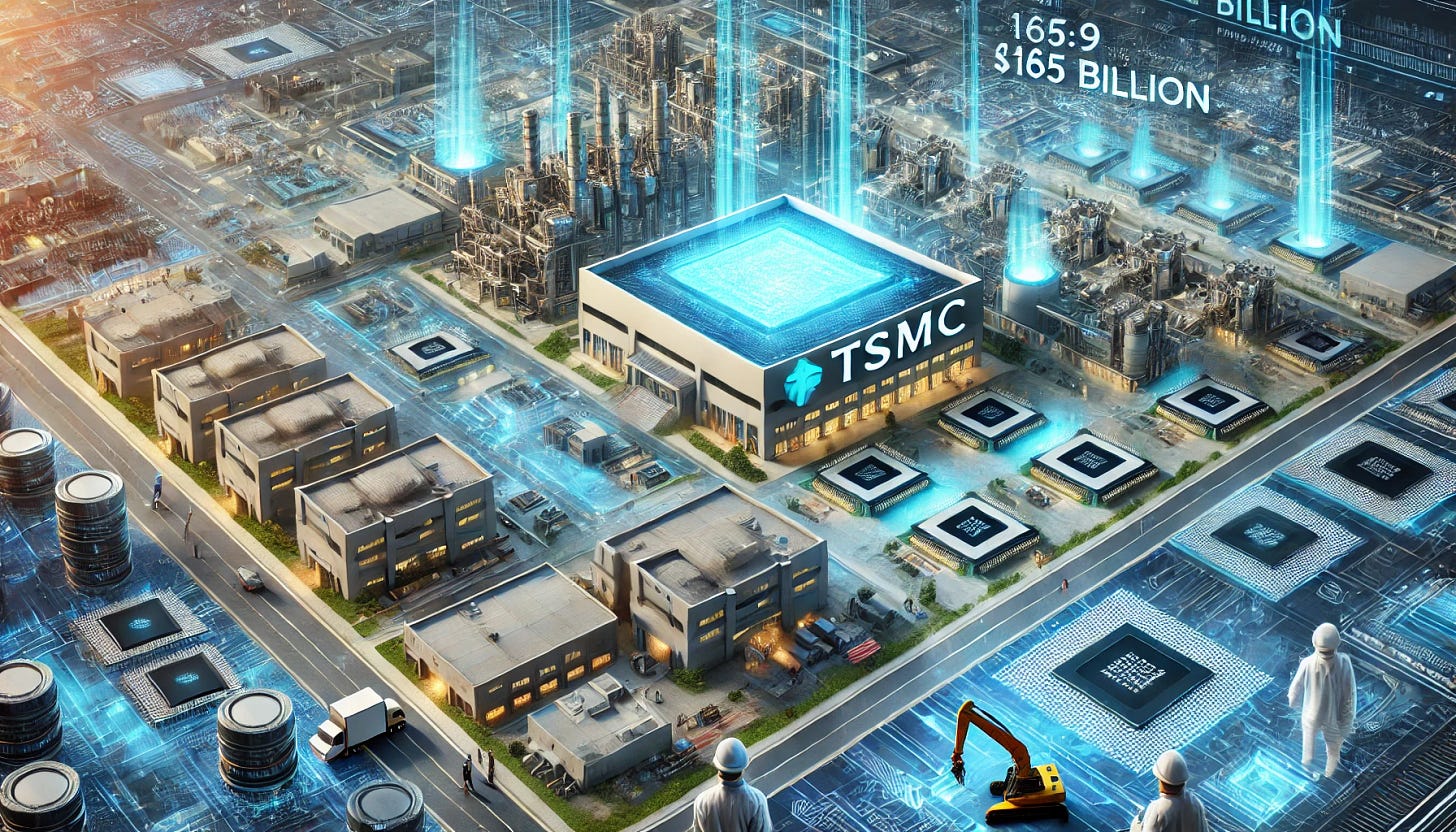 A 16:9 futuristic illustration showcasing TSMC’s massive $165 billion investment in U.S. semiconductor manufacturing. The scene features a sprawling high-tech TSMC-branded semiconductor complex in Arizona, with three cutting-edge fabrication plants, two advanced packaging facilities, and a major R&D center under construction. Engineers and robotic systems oversee chip production, while holographic overlays display the scale of the investment. The background includes a futuristic American industrial landscape, symbolizing the largest foreign direct investment in U.S. history and TSMC’s role in advancing semiconductor innovation.