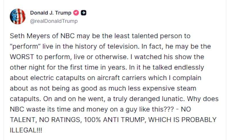 Donald Trump talking about Seth Meyers on Truth Social