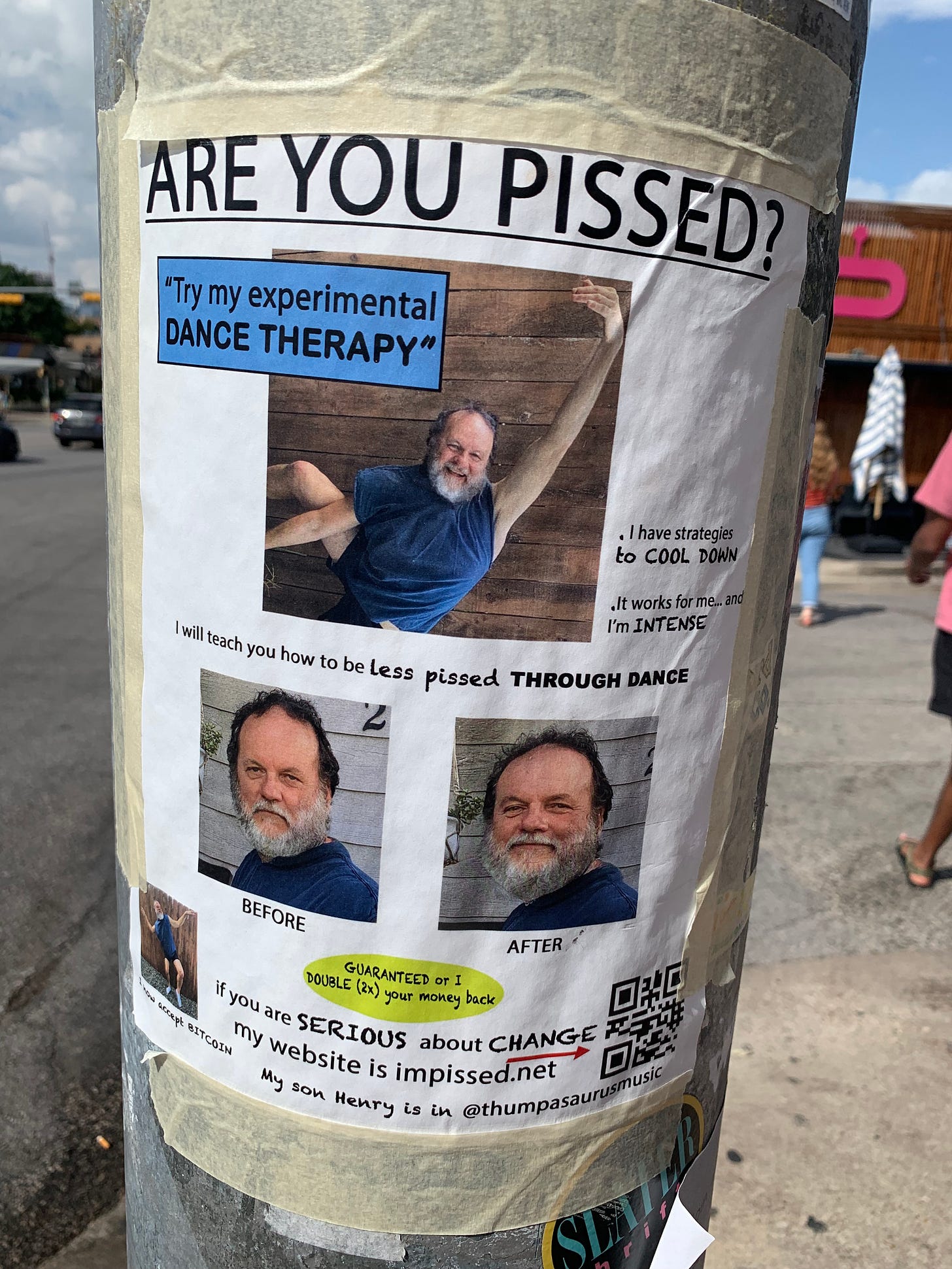 A poster advertising an experimental dance therapy for people who are pissed