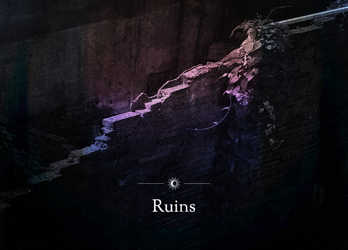 The center of the photo shows a jagged and crumbling brick wall. The building it once supported lies in ruins. Creeping vines cover the structure as it slowly returns to nature.