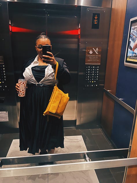 Table of colorful books, Sister Outside by Audre Lorde, Ymani and Ina smiling, Table with food, Ymani leaving a conference in an elevator, Cold brew coffee and plants.