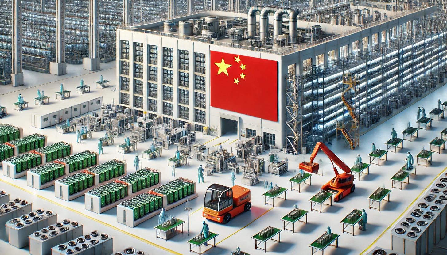 A wide aspect ratio image of a Chinese battery manufacturing factory with the Chinese flag imprinted on the exterior of the building and on some of the equipment inside. The factory should appear modern and realistic, with machinery, assembly lines, and workers in protective gear assembling batteries. The scene should convey a sense of scale and industriousness, showcasing the high-tech and efficient nature of the manufacturing process. The Chinese flag imprints should be clearly visible and prominent, highlighting the factory's national significance.