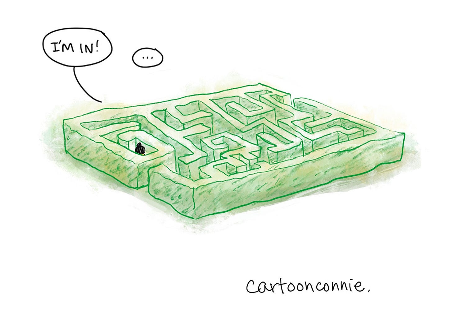 Excerpt from a single-page comic strip about neurodivergent brains and the challenges of starting and finishing projects, illustrated as navigating a hedge maze. Titled "A Neurodivergent Brain," 2026, by Connie Sun, cartoonconnie.