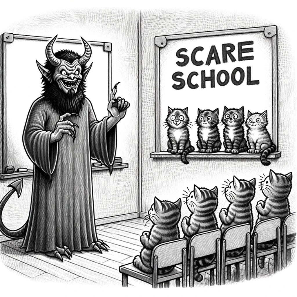 Drawing of a grayscale demon attending a 'Scare School', comically failing to scare a group of unimpressed kittens.