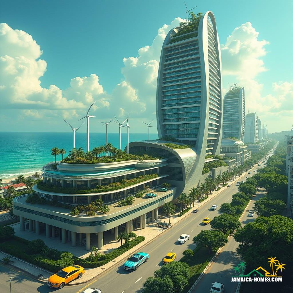 Montego Bay, imagined in 2050: a multi-tower complex pushing the limits of vertical and horizontal living, sky parks and rooftop petrol stations, solar and wind tech integrated into facades
