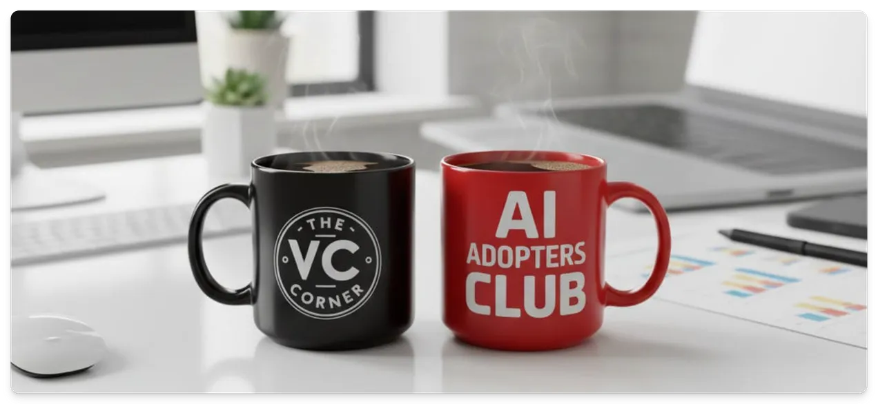 Two coffee mugs on a desk showing The VC Corner and AI Adopters Club logos, representing collaboration on the updated ChatGPT setup guide. Two coffee mugs on a desk showing The VC Corner and AI Adopters Club logos, representing collaboration on the updated ChatGPT setup guide.