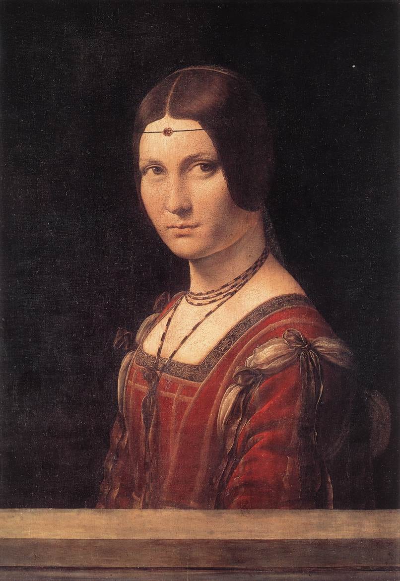 Cuadro de La Belle Ferronière de Leonardo da Vinci mostrando a una mujer con una sutil joya en la frente.
