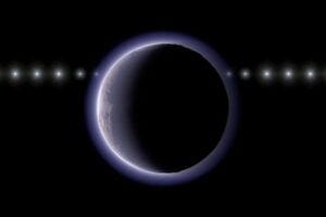 Artist’s conception of this research showing an imagined time sequence as a star passes behind a TNO with an atmosphere. Artist’s conception of this research showing an imagined time sequence as a star passes behind a TNO with an atmosphere.