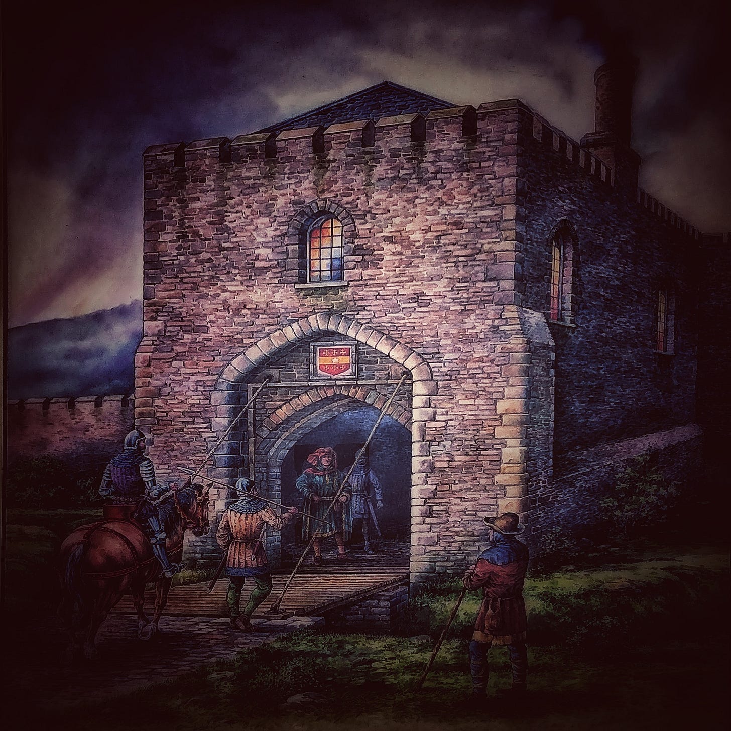 A photo of a murky color artwork, possibly watercolor. The scene is the entrance to a medieval stone fortress, surrounded by a moat. Inside the gate are two finely dessed guards. Waiting to cross the drawbridge is a knight on horseback and another man on foot, wearing chainmail, with a pike over his shoulder. Nearby stands a man, apparently a peasant, leaning on a farming implement to observe the scene.
