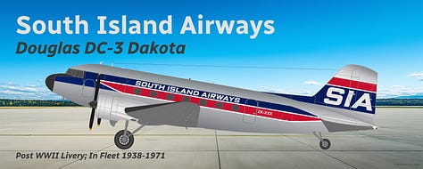 Gallery of Douglas DC-3 airliners operated by South Island Airways and Waikato Air during the years after World War II: (1, 2, 3) South Island Airways Douglas DC-3 in side view while in midflight, landing and parked; (4, 5, 6) Waikato Air Douglas DC-3 in side view while in midflight, landing and parked.