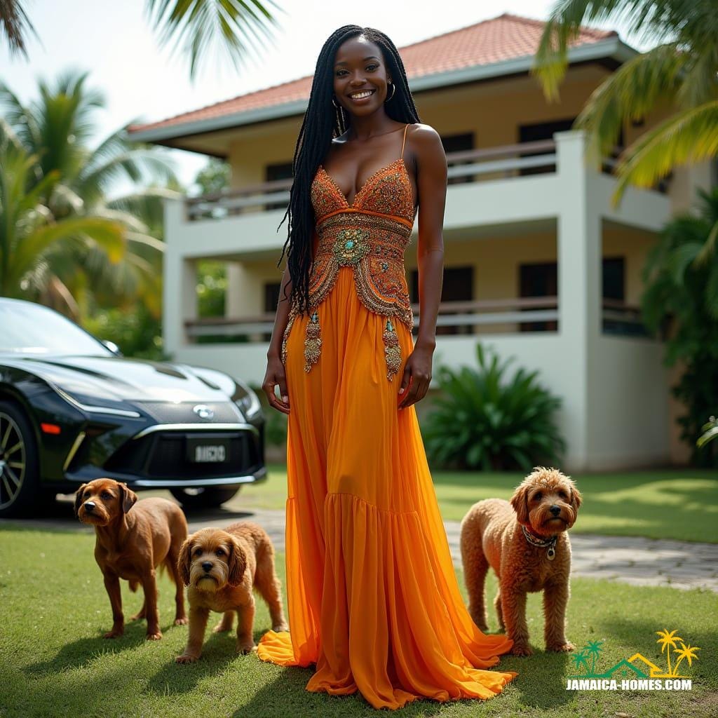 Voluptuous woman with stunning dreadlocks and radiant smile, wearing a vibrant, floor-length Jamaican-inspired evening gown with intricate embroidery and flowing chiffon, standing proudly in front of a modern, three-story Caribbean villa with lush tropical gardens, accompanied by four adorable dogs of varying breeds, with a sleek, high-end vehicle parked in the background, its chrome accents glinting in the warm island light, set against the breathtaking backdrop of Jamaica's picturesque landscape, infused with the rich, cinematic aesthetic of a 35mm film still, captured on a V-Raptor XL camera, with a warm, golden color grade, subtle film grain, and a hint of vignette, evoking the masterful, post-processed quality of a live-action, big-screen epic, reminiscent of the dramatic, atmospheric style of cinematographers like Emmanuel Lubezki, Roger Deakins, and Hoyte van Hoytema.