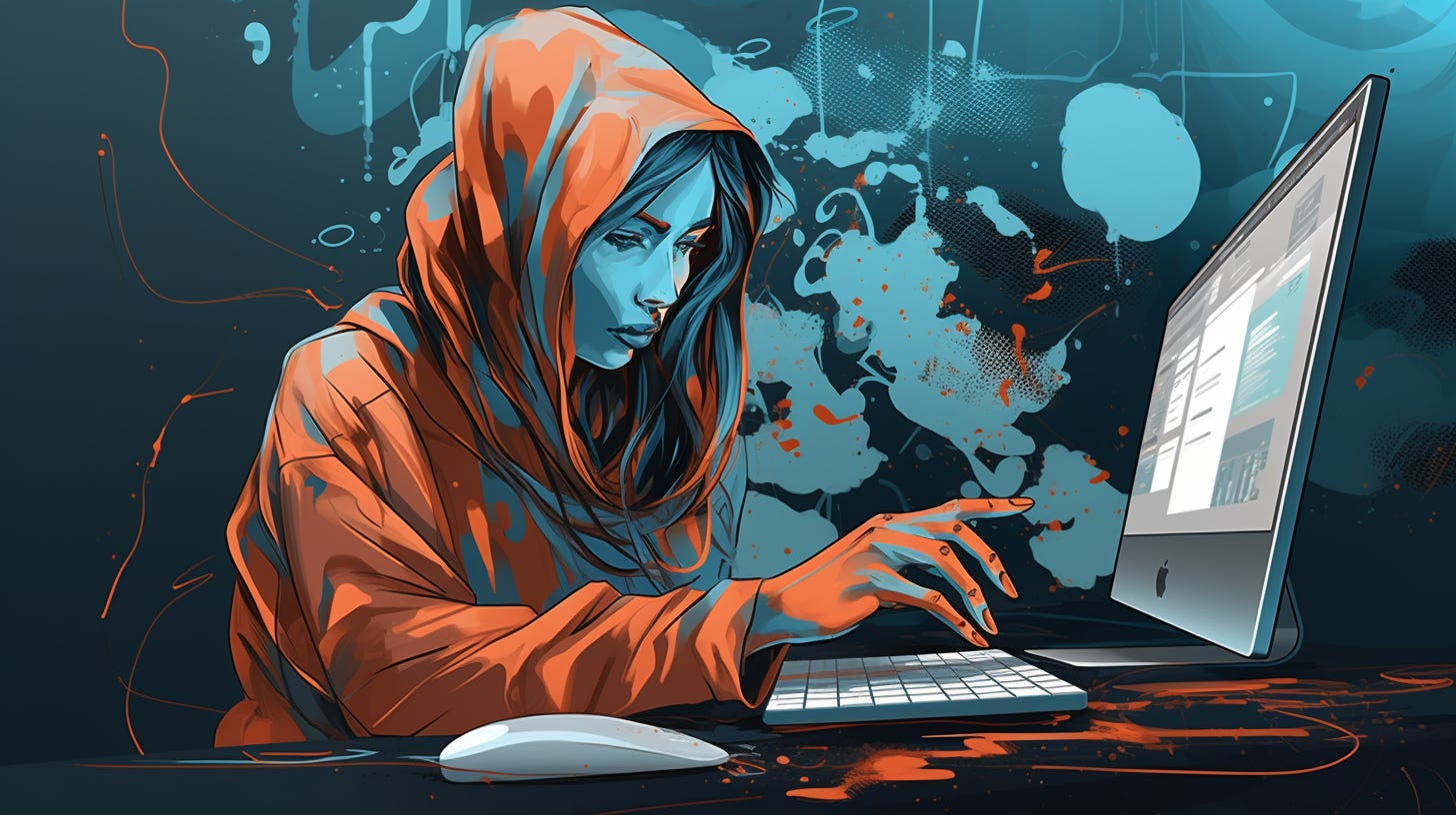 Midjourney prompt: An artist, burnt orange, designing a website, powder blue highlights, cybercore Midjourney prompt: An artist, burnt orange, designing a website, powder blue highlights, cybercore