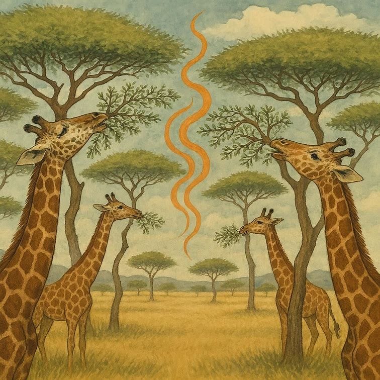Giraffen, die Akazien fressen, während die Akazien sich gegenseitig über Ethylen vor den Fraßfeinden warnen.