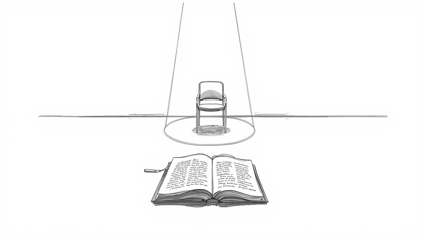 Spotlight on empty chair while a full notebook sits ignored in the shadows beside it Spotlight on empty chair while a full notebook sits ignored in the shadows beside it