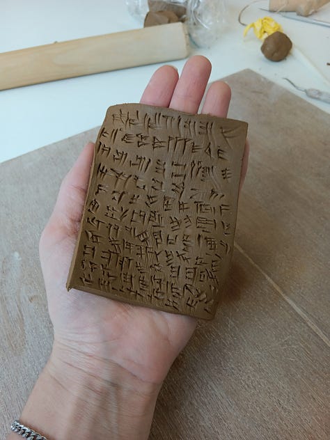 Three images: 1, wet clay with impressions in my palm, 2, wet clay with ogham impressions, 3, seven bisque fired tablets with various markings