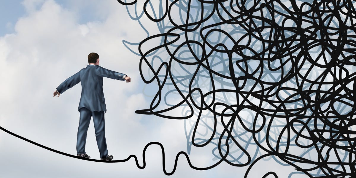 Man walking a tangled line toward a chaotic scribble indicating navigating confusion in life due to incorrect birth time in horoscope analysis
