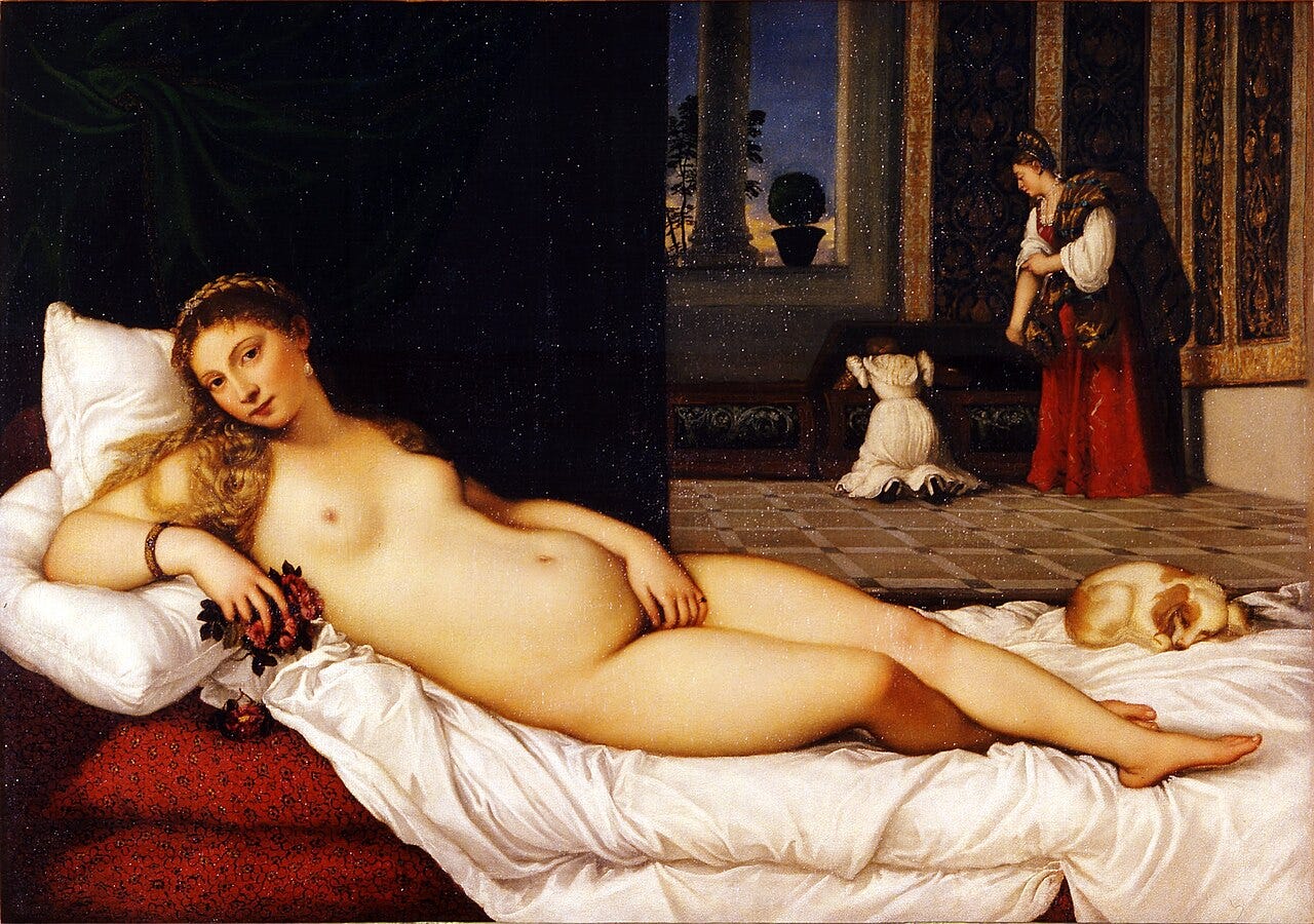 Titian's Venus of Urbino, a nude reclining on a bed in a Venetian room Titian's Venus of Urbino, a nude reclining on a bed in a Venetian room