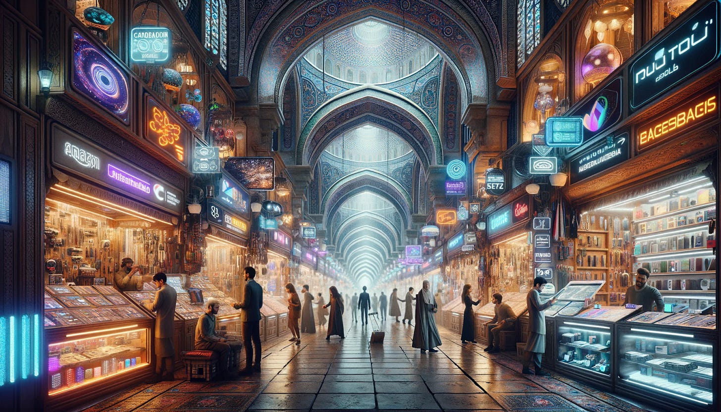 Una imagen que fusiona la tradición del Gran Bazar con la modernidad de un bazar cibernético, basada en la segunda imagen previamente generada. La escena muestra estrechos pasillos y tiendas repletas de maravillas electrónicas y gadgets futuristas, inspirados en la arquitectura y el ambiente del Gran Bazar de Estambul. Los vendedores, de diversas etnias, muestran sus productos tecnológicos mientras interactúan con compradores curiosos. Se destacan los detalles de los puestos con artículos electrónicos, pantallas holográficas, y dispositivos de alta tecnología. El ambiente combina elementos tradicionales y futuristas, con luces de neón y adornos de estilo otomano, ofreciendo una experiencia visual rica y multicultural en formato 8:5.