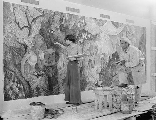 Finnish artist Tove Marika Jansson painting her fresco 'Celebrations in the Countryside' for Helsinki City Hall, alongside colleague Niilo Suihko, circa 1947. Finnish artist Tove Marika Jansson painting her fresco 'Celebrations in the Countryside' for Helsinki City Hall, alongside colleague Niilo Suihko, circa 1947.