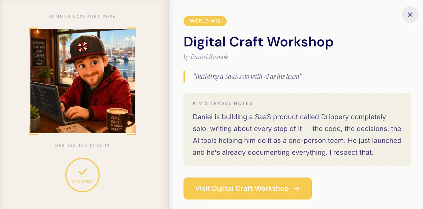 Summer Passport page for Daniel Rusnok's Digital Craft Workshop, showing Pixar-style character at a marina cafe with code on his laptop and a Code Coffee Marina Repeat mug, with Kim's travel notes about building a SaaS solo