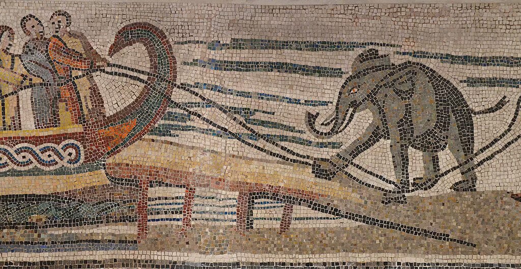 Mosaic of an african elephant being loaded onto an ancient ship Mosaic of an african elephant being loaded onto an ancient ship