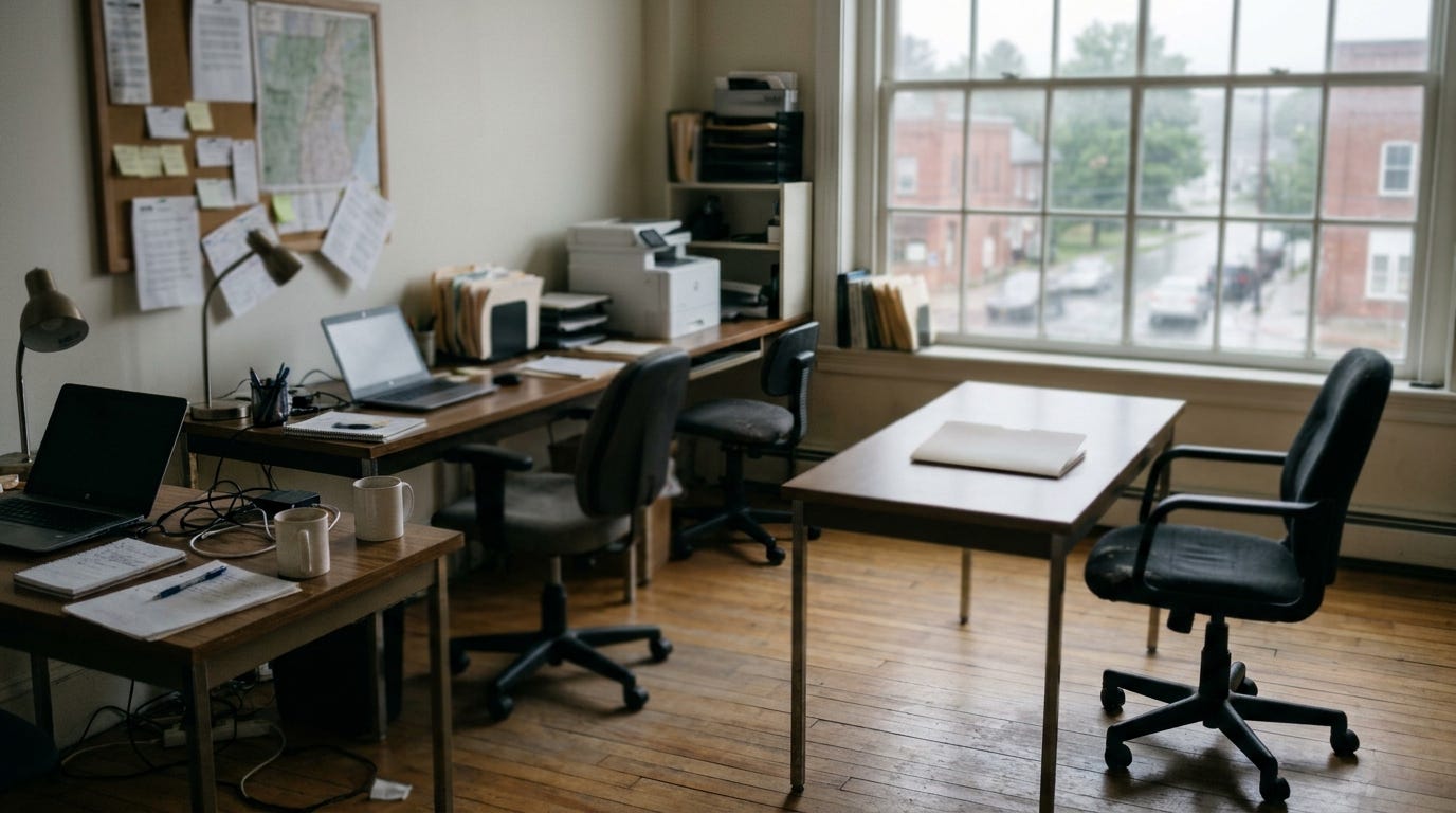 A small newsroom on a rainy morning. Three cluttered desks with laptops, notebooks and coffee mugs on the left; by the window, a clean desk holding a single closed folder, its office chair pushed back and empty. Through the window, a wet small-town main street with brick buildings and parked cars. A small newsroom on a rainy morning. Three cluttered desks with laptops, notebooks and coffee mugs on the left; by the window, a clean desk holding a single closed folder, its office chair pushed back and empty. Through the window, a wet small-town main street with brick buildings and parked cars.