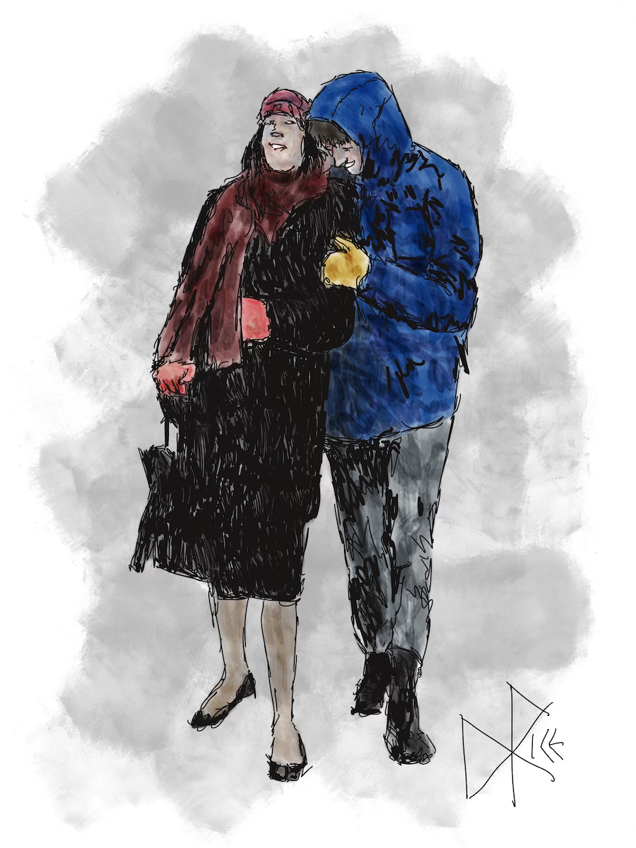 Two young folks walking on an icy sidewalk, both laughing as the woman continues to slip in her flat black dress shoes and the man holds her upright with a firm grasp on her arm. Sketch art by Don Rice.