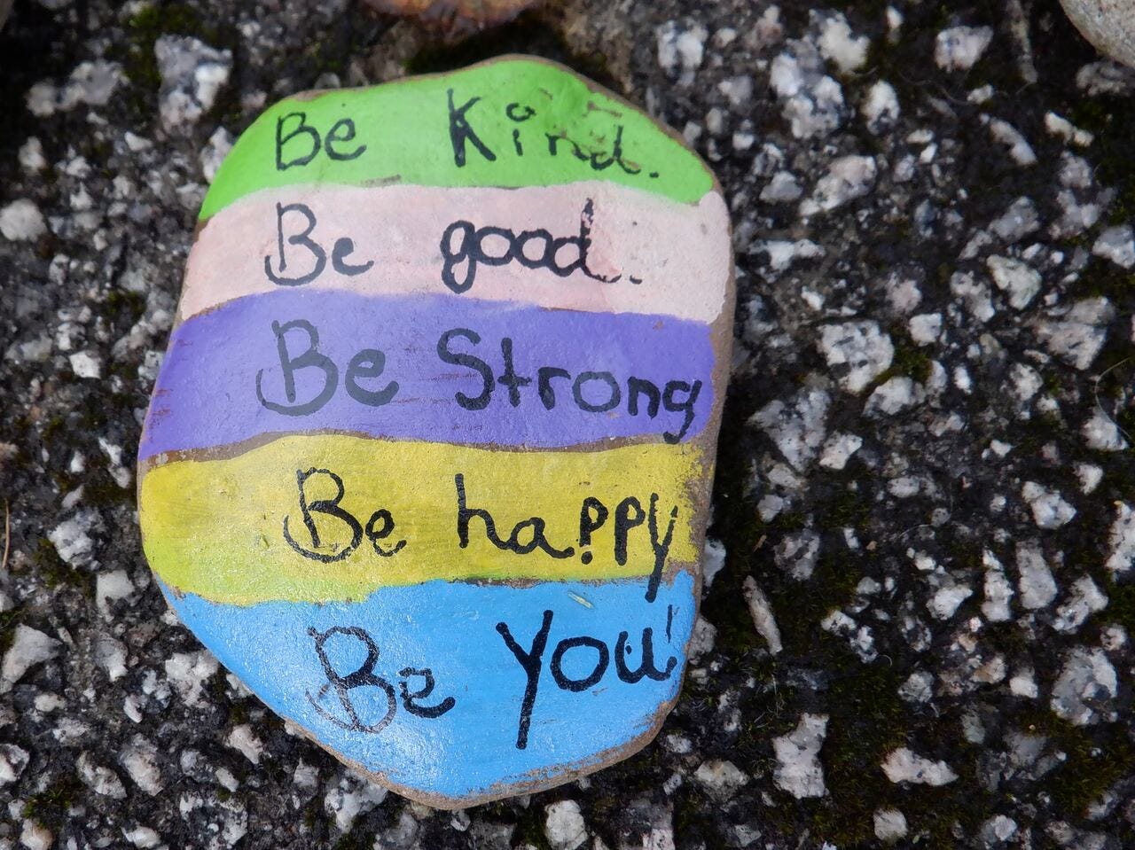 Rock painted with words: Be kind, be good, be strong, be happy, be you!