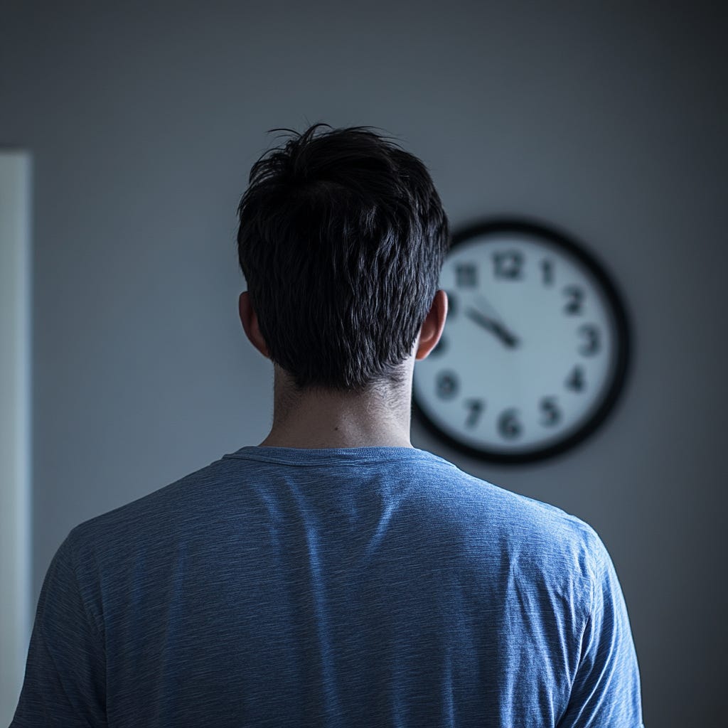 Man in blue staring at a clock on the wall.  Man in blue staring at a clock on the wall.