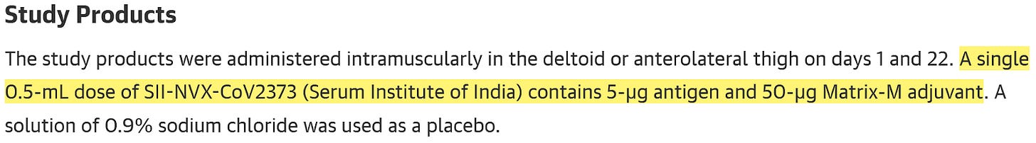 Screenshot from JAMA Network article dated July 31st, 2023. Highlighted text says: "A single 0.5-mL dose of SII-NVX-CoV2373 (Serum Institute of India) contains 5-μg antigen and 50-μg Matrix-M adjuvant." Entire text includes non-highlighted portions and says: "Study Products The study products were administered intramuscularly in the deltoid or anterolateral thigh on days 1 and 22. A single 0.5-mL dose of SII-NVX-CoV2373 (Serum Institute of India) contains 5-μg antigen and 50-μg Matrix-M adjuvant. A solution of 0.9% sodium chloride was used as a placebo."
