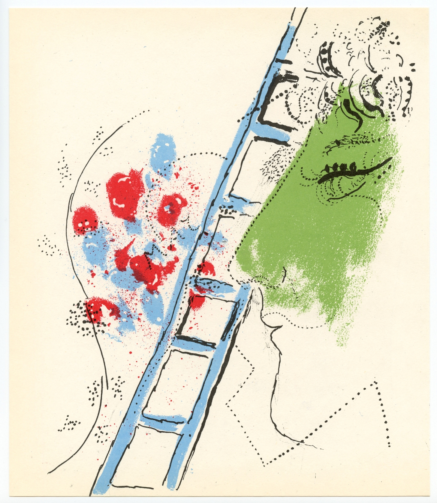 Lithograph by Marc Chagall featuring a symbolic ladder with floating figures and animals, blending elements of mysticism, dream, and spiritual ascent.