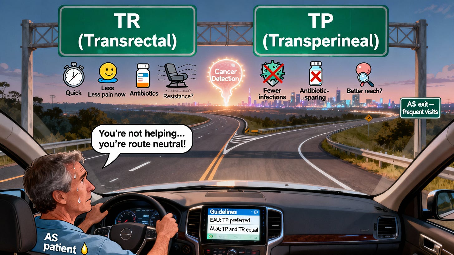 Editorial cartoon of AS patient choosing TR vs TP biopsy routes at a highway fork with antibiotic-sparing labeled on TP icons and corrected guideline text.