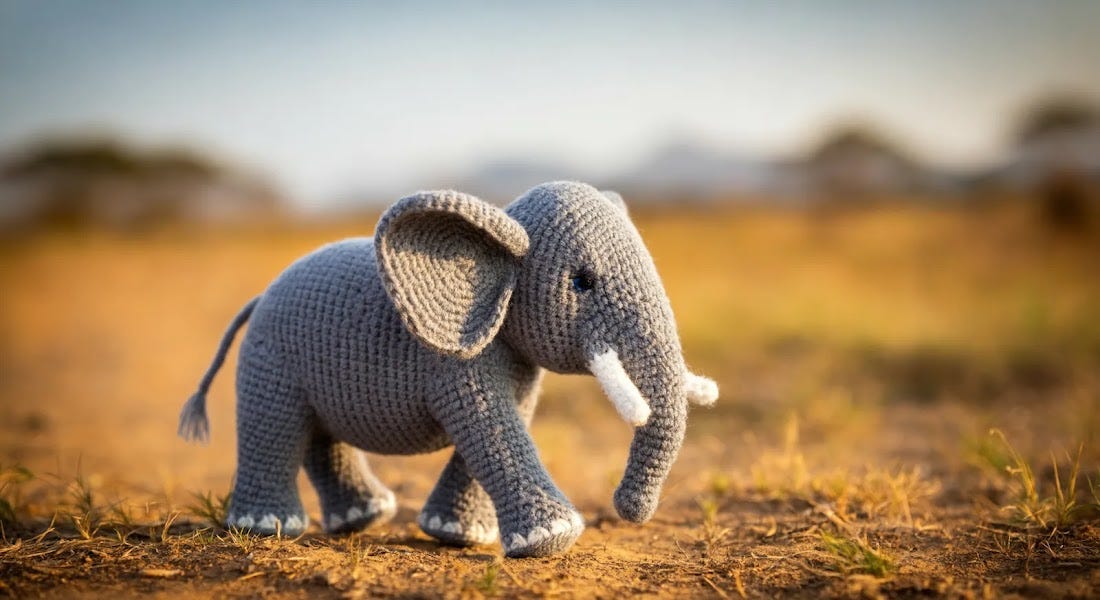 A small, gray crocheted elephant toy stands on a dirt path in a grassy field. The elephant has white tusks and toenails and black eyes. The background is a blur of green and brown foliage, with the sun setting in the distance. A small, gray crocheted elephant toy stands on a dirt path in a grassy field. The elephant has white tusks and toenails and black eyes. The background is a blur of green and brown foliage, with the sun setting in the distance.