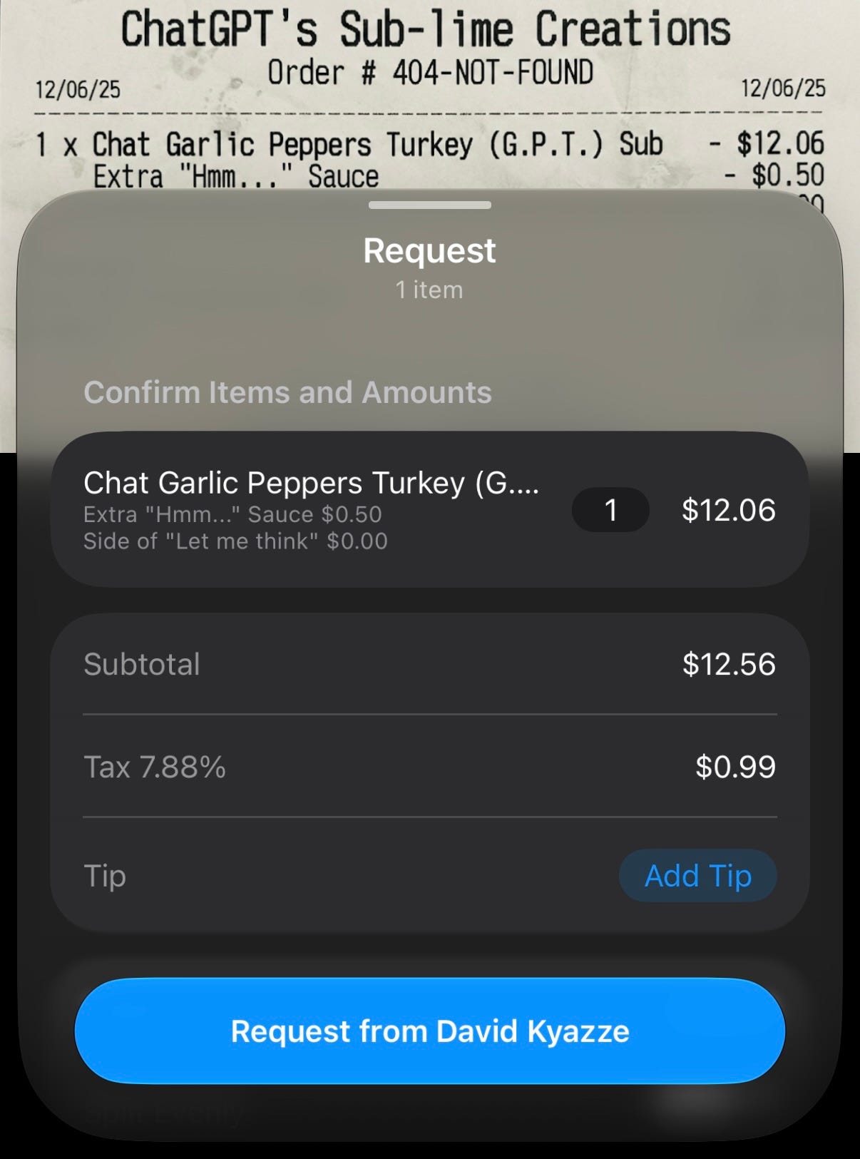 Screenshot showing Apple Intelligence recognizing a restaurant receipt and automatically preparing an Apple Cash payment request. The receipt appears at the top of the screen while a payment sheet below identifies the item, calculates tax, and creates a request for $13.55. Screenshot showing Apple Intelligence recognizing a restaurant receipt and automatically preparing an Apple Cash payment request. The receipt appears at the top of the screen while a payment sheet below identifies the item, calculates tax, and creates a request for $13.55.