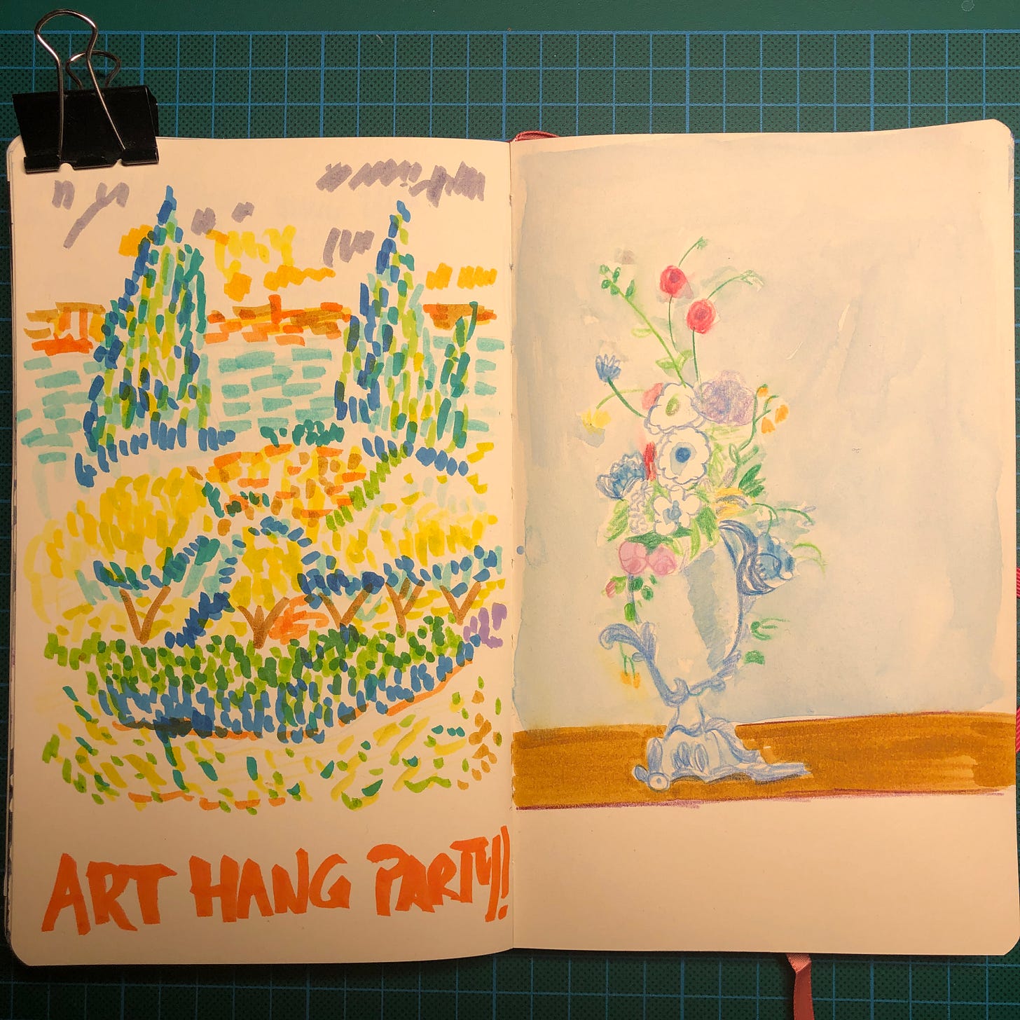 Photo de la double-page de mon sketchbook où j'ai dessiné les deux premières master studies de la session, un paysage à gauche et une nature morte (fleurs dans un vase) à droite. Photo de la double-page de mon sketchbook où j'ai dessiné les deux premières master studies de la session, un paysage à gauche et une nature morte (fleurs dans un vase) à droite.