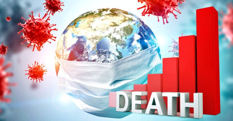 globe with face mask and covid spike proteins and word "death"