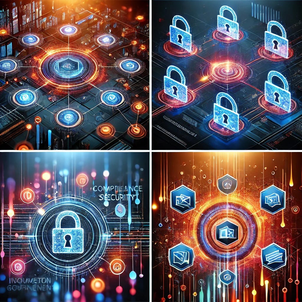 1. An abstract representation of centralized data management, with glowing nodes and interconnected lines symbolizing SharePoint's networked structure.

2. A futuristic abstract concept of compliance and security, featuring locks and document icons floating within a glowing digital framework.

3. A vibrant abstract visualization of metadata and organization, with colorful floating labels and dynamic, flowing shapes suggesting data categorization.

4. An abstract image of information governance principles, with geometric shapes symbolizing accountability, transparency, and retention, surrounded by glowing data streams.

Each image should have a modern and professional digital aesthetic with a focus on sleek, futuristic designs.