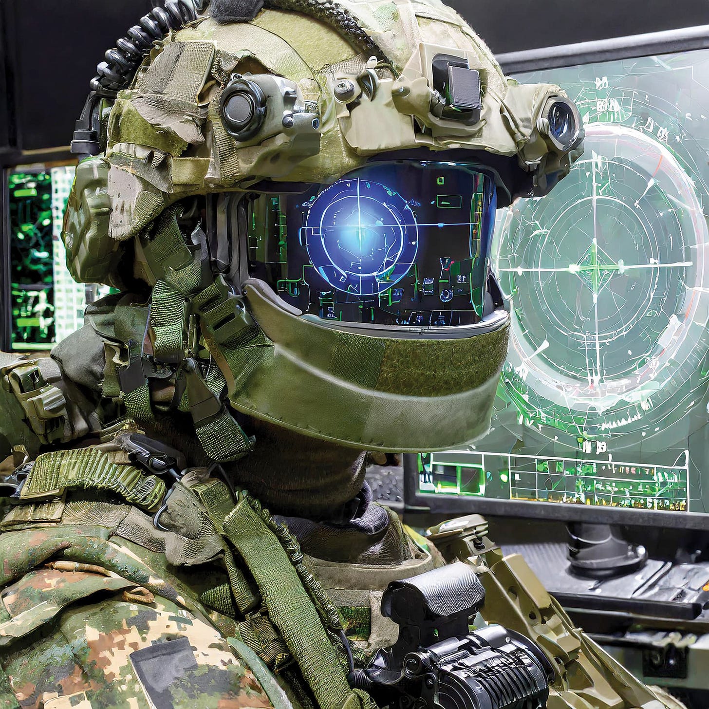 A soldier wearing advanced military gear, including a high-tech helmet with a transparent visor displaying a digital HUD with radar and targeting info. The helmet has multiple sensors, including a night vision camera. In the background, computer screens show similar data, indicating a high-tech control center.