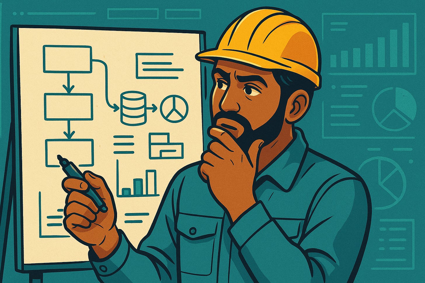 A data engineer who stands in front of a whiteboard thinking A data engineer who stands in front of a whiteboard thinking