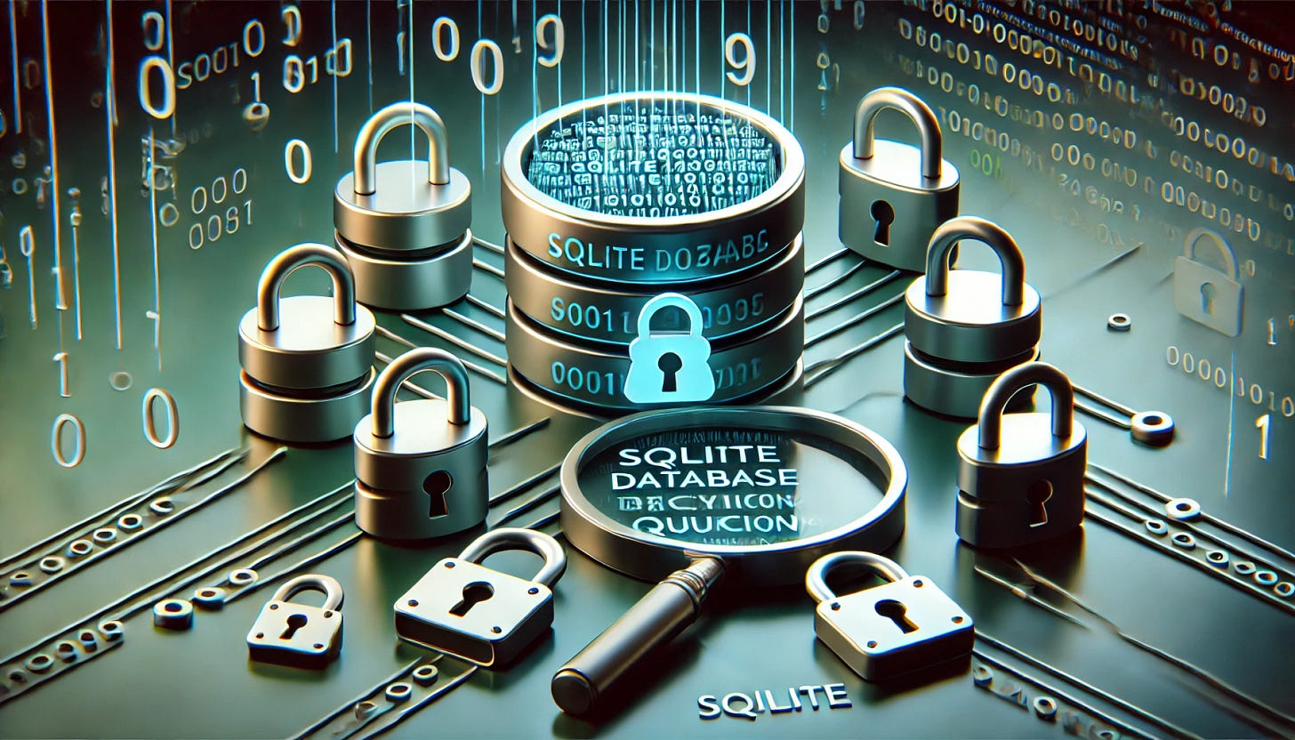 Encryption illustration with SQLite icon, padlocks, binary code, and magnifying glass highlighting secure query monitoring. 